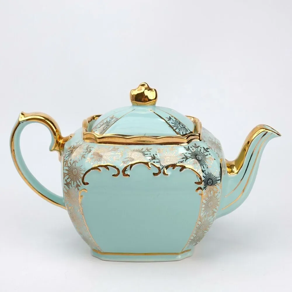 Rare SADLER Cube Teapot GREEN Gold Gilt Filigree Made in England #2085